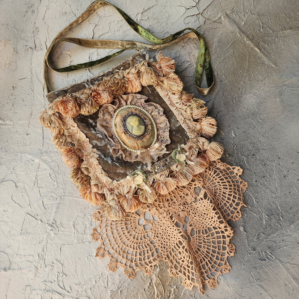 Boho Bag Olive Rose Cameo Pearl Tassel Silk Velvet Vintage Cotton Crossbody